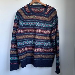 J. Crew Fair Isle Wool Sweater Navy Blue Colorful Size L
